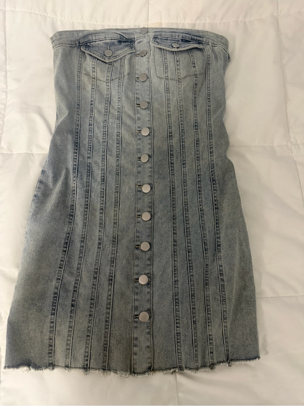Light Blue Strapless Denim Mini Dress with Button Front